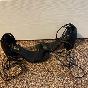 Lulus Black Leather Lace Up Heels